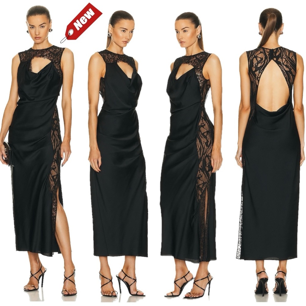 Jonathan Simkhai Vea Black Sleeveless Lace-Trim Open-Back Ruched Draped Gown Nwt